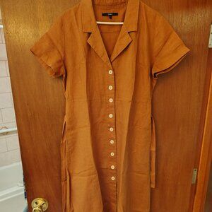 Quince (Size L) Brown 100% Linen Button Down Front Slip Pockets SS Belted Dress